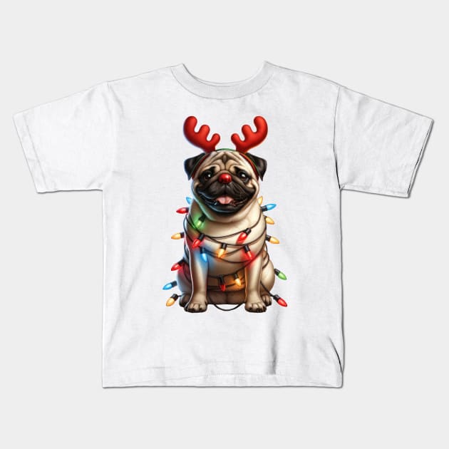 Christmas Red Nose Pug Dog Kids T-Shirt by Chromatic Fusion Studio